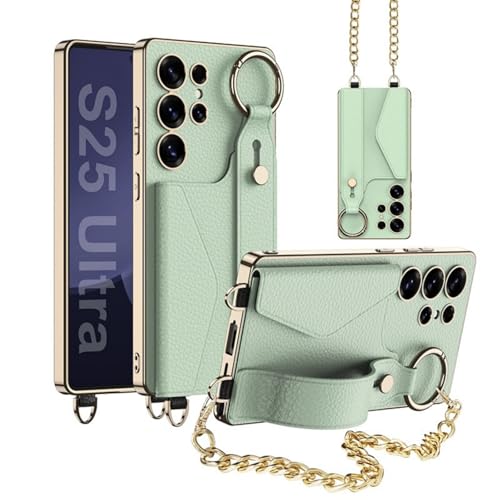 Schutzhülle für Samsung Galaxy S24 Ultra, mit Kartenhalter, Goldrahmen, Metallkette & Fingerring, stoßfest & sturzsicher, stilvolle Brieftaschen-Abdeckung (Matcha-Grün) von AdirMi