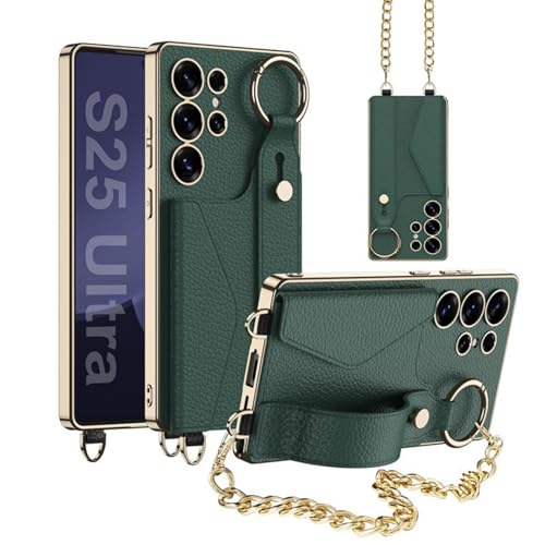 Schutzhülle für Samsung Galaxy S24 Ultra mit Kartenhalter, Goldrahmen, Metallkette & Fingerring, stoßfest & Anti-Drop, stilvolle Brieftaschen-Abdeckung (Grün) von AdirMi