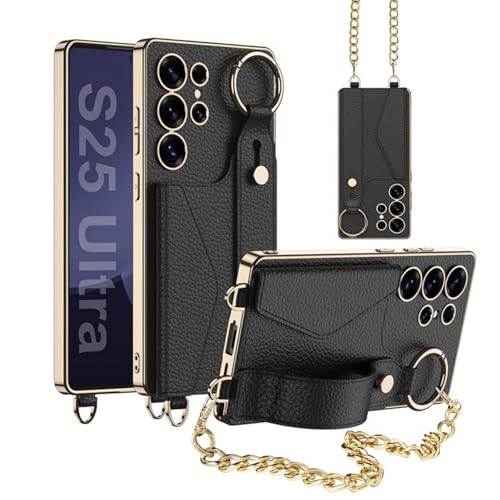 Schutzhülle für Samsung Galaxy S25 Ultra, mit Kartenhalter, Goldrahmen, Metallkette & Fingerring, stoßfest & Anti-Drop, stilvolle Brieftaschen-Abdeckung (Schwarz) von AdirMi
