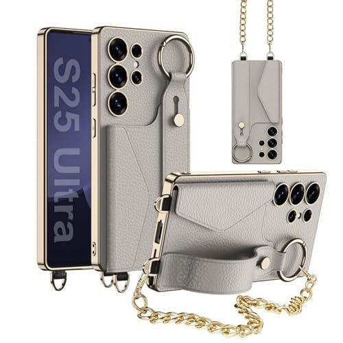 Schutzhülle für Samsung Galaxy S25 Ultra, mit Kartenhalter, Goldrahmen, Metallkette und Fingerring, stoßfest und sturzsicher, stilvolle Brieftaschen-Abdeckung (Grau) von AdirMi