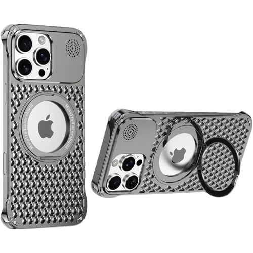 Schutzhülle für iPhone 16/15/14 Pro Max, Aluminiumlegierung mit Wärmeableitung, ultradünn, stoßfest, mit 360° drehbarem Ständer, kompatibel mit MagSafe] (Grau, iPhone 16) von AdirMi