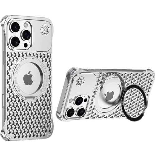 Schutzhülle für iPhone 16/15/14 Pro Max, Aluminiumlegierung mit Wärmeableitung, ultradünn, stoßfest, mit 360° drehbarem Ständer, kompatibel mit MagSafe] (Silber, iPhone 14 Pro Max) von AdirMi
