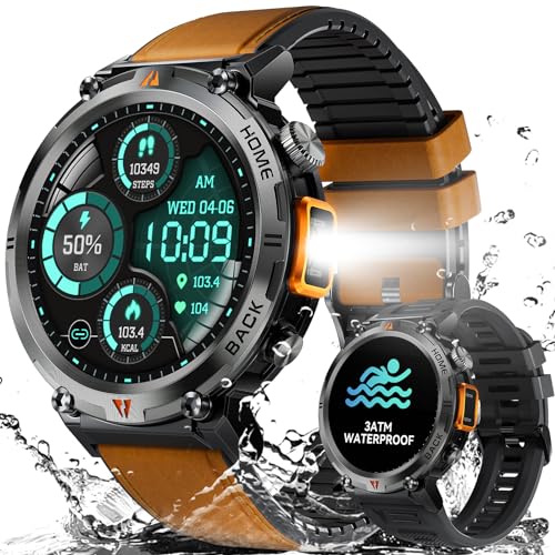 Smartwatch Herren Militär 3ATM Wasserdicht mit Telefonfunktion, Smartwatch mit LED Taschenlampe, 1,45" Robuste Outdoor Uhren mit 24H Gesundheits-Screening, 110+ Sportmodi Fitnessuhr für Android iOS Smartwatch Herren Militär 3ATM Wasserdicht mit Telefonfunktion, Smartwatch mit LED Taschenlampe, 1,45" Robuste Outdoor Uhren mit 24H Gesundheits-Screening, 110+ Sportmodi Fitnessuhr für Android iOS von AdivaX