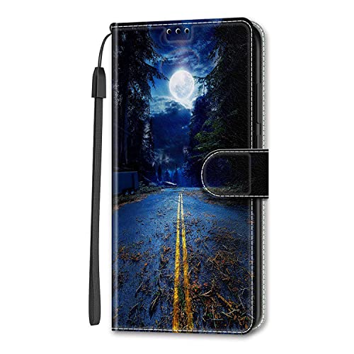 Adolasx Kompatibel für Samsung Galaxy A51 Hülle Leder [Magnetisch] mit Band Motiv Kartenfach Klappbar Flip Tier Hüllen Handyhülle Bumper PU Cover Case Schutzhülle - Mond von Adolasx