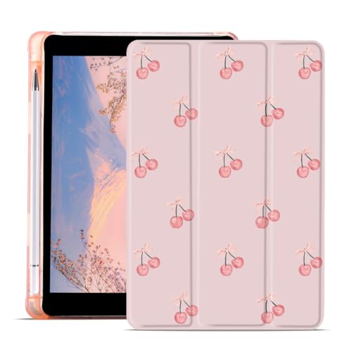 AdorableWhimsy Cute Cherry bedruckte Schutzhülle für iPad (A16) 11. Generation 2025 11 Zoll/iPad 10. Generation 2022 10,9 Zoll mit Stifthalter, dreifach faltbarer Ständer, rosa Lederhülle von AdorableWhimsy