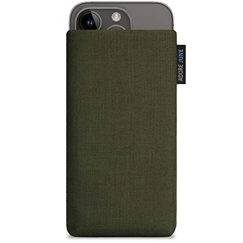 Adore June Classic Oliv-Grün Tasche kompatibel mit iPhone 15 14 / iPhone 15 14 Pro Handytasche aus widerstandsfähigem Cordura Stoff mit Display Reinigungs-Effekt, Made in Europe von Adore June