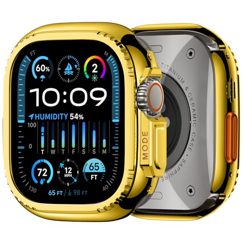 Schutzhülle für Apple Watch Ultra 2, 49 mm: langlebig, stoßfest, schützend, robuste Metallstoßstange, Displayschutzfolie, Gesichtsabdeckung für iWatch Ultra, Gold von Adorve