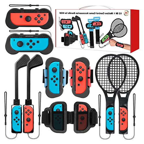 Aedcbaide 10 In 1 Switch Sport Zubehör Set für Nintendo Switch, Zubehör-Kit Kompatibel mit Golfschläger/Badminton-Tennisschläger/verstellbare Armbänder und Beinriemen/Griffhülle für Joycon Mario von Aedcbaide