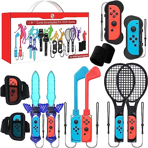 Aedcbaide 12 In 1 Switch Sport Zubehör Set für Nintendo Switch, Zubehör-Kit Kompatibel mit Golfschläger/Badminton Tennisschläger/verstellbare Armbänder und Beinriemen/Griffhülle für Joycon Mario (12) von Aedcbaide