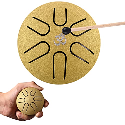 Aedcbaide Zungentrommel Tragbare Mini Trommel 3 Zoll 6 Töne Steel Tongue Drum, D-Dur Klangschale Handpan Instrument mit Schlägeln für Kinder Meditation Yoga Klangheilung Garten Weihnachten (Gold) von Aedcbaide