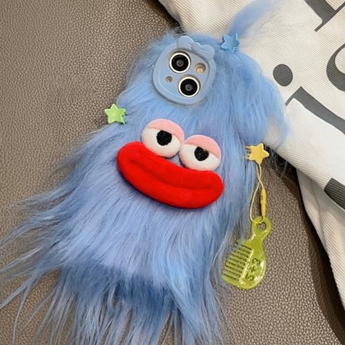 Aeilene Blaue pelzige Handyhülle für iPhone 13, niedliche DIY lange Haare lustige dicke Mund warme Plüschhüllen, 3D Cartoon Fuzzy Winter Schutzhülle für Frauen Mädchen von Aeilene
