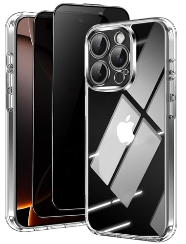 Aekyiwot 3 in 1 Handyhülle für iPhone 16 Pro Max Hülle mit 2 Stück Sichtschutz Schutzfolie, [Nie Vergilbung] [Kameraschutz] Hard PC Militärschutz Kratzfest Fallschutz Schutzhülle, Klar von Aekyiwot