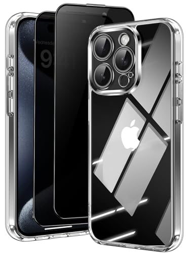 Aekyiwot 3 in 1 Hülle Kompatibel mit iPhone 15 Pro mit 2 Stück Sichtschutz Schutzfolie, [Kameraschutz] Kratzfest Stoßfest Handyhülle, Nie Vergilbung Hard PC+TPU Schutzhülle 6.1 Zoll Durchsichtig von Aekyiwot