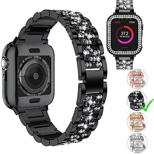 Aergood Kompatibel mit Apple Watch Armband 38mm mit Schutz hülle,Damen Glitzer Strass Diamant Armbänder für iWatch SE Series 7/6/5/4/3/2/1(38mm,Schwarz) von Aergood