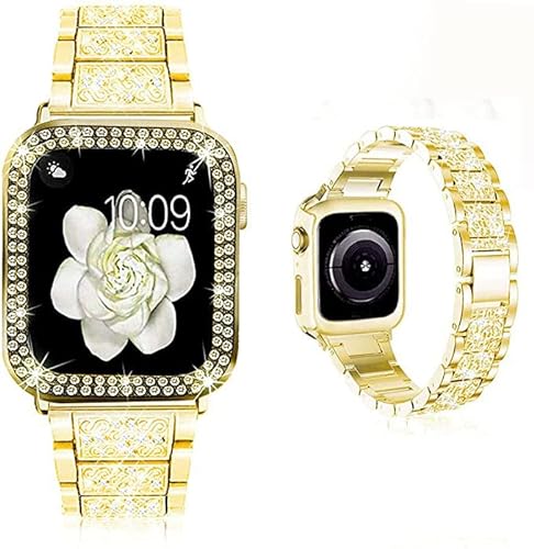 Aergood Kompatibel mit Apple Watch Armband 40mm mit Schutz hülle,Damen Glitzer Strass Diamant Armbänder für iWatch SE Series 7/6/5/4/3/2/1(40mm,Gold) von Aergood