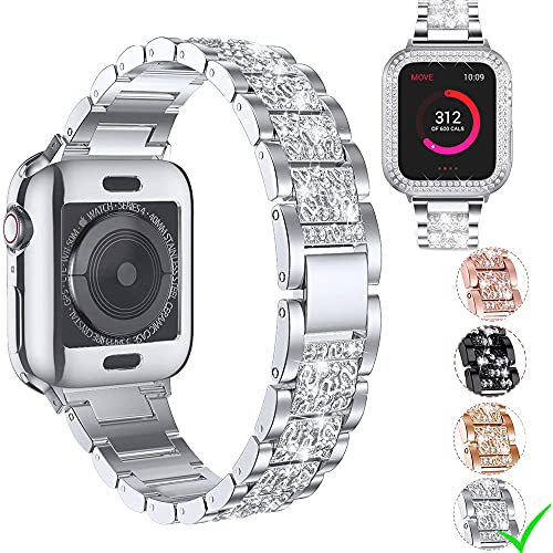 Aergood Kompatibel mit Apple Watch Armband 41mm mit Schutz hülle,Damen Glitzer Strass Diamant Armbänder für iWatch SE Series 7/6/5/4/3/2/1(41mm,Silber) von Aergood