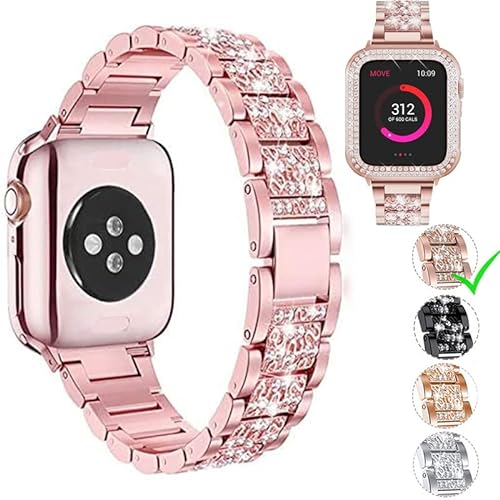 Aergood Kompatibel mit Apple Watch Armband 42mm mit Schutz hülle,Damen Glitzer Strass Diamant Armbänder für iWatch SE Series 7/6/5/4/3/2/1(42mm,Rosa Pink) von Aergood