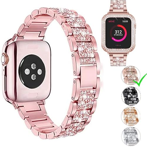 Aergood Kompatibel mit Apple Watch Armband 44mm mit Schutz hülle,Damen Glitzer Strass Diamant Armbänder für iWatch SE Series 7/6/5/4/3/2/1(44mm,Rosa Pink) von Aergood