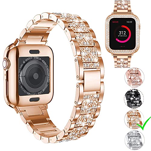 Aergood Kompatibel mit Apple Watch Armband 45mm mit Schutz hülle,Damen Glitzer Strass Diamant Armbänder für iWatch SE Series 7/6/5/4/3/2/1(45mm,Roségold) von Aergood