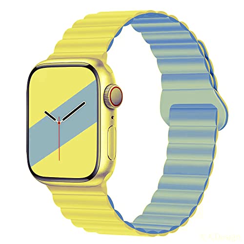 Aergood Kompatibel mit Apple Watch Armband 49mm 45mm 44mm 42mm Stark Magnetisch Verstellbar Loop Silikon Armbänder für iWatch Series 8/7/6/5/4/3/2/1/SE,Gelb/Blau Nebel von Aergood