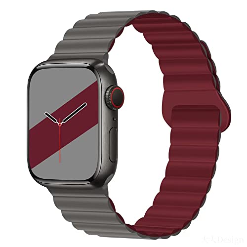 Aergood Kompatibel mit Apple Watch Armband 49mm 45mm 44mm 42mm Stark Magnetisch Verstellbar Loop Silikon Armbänder für iWatch Series 8/7/6/5/4/3/2/1/SE,Grau/Wein Rot von Aergood