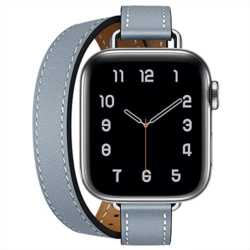 Aergood Kompatibel mit Apple Watch Band 38/40/41mm 42/44/45mm,Echtes Leder Damen Double Tour Slim Armband für iWatch SE Serie 7/6/5/4/3 (38/40/41mm, Bleu Lin) von Aergood