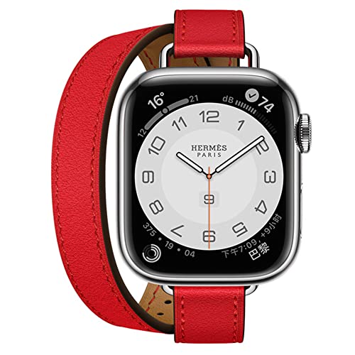 Kompatibel mit Apple Watch Armband 38mm 40mm 41mm 42mm(Serie 10),Echtes Leder Damen Double Tour Slim Armband für iWatch Ultra 2 Serie 10/9/8/7/6/5/4/3/SE(38/40/41/42mm,Rot) von Fsavlroy