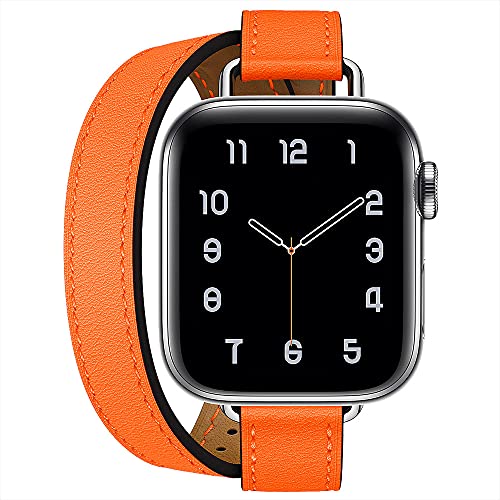 Kompatibel mit Apple Watch Armband 49mm 46mm 45mm 44mm 42mm(Serie 3),Echtes Leder Damen Double Tour Slim Armband für iWatch Ultra 2 Serie 10/9/8/7/6/5/4/3/SE(42/44/45/46/49mm,Orange) von Fsavlroy