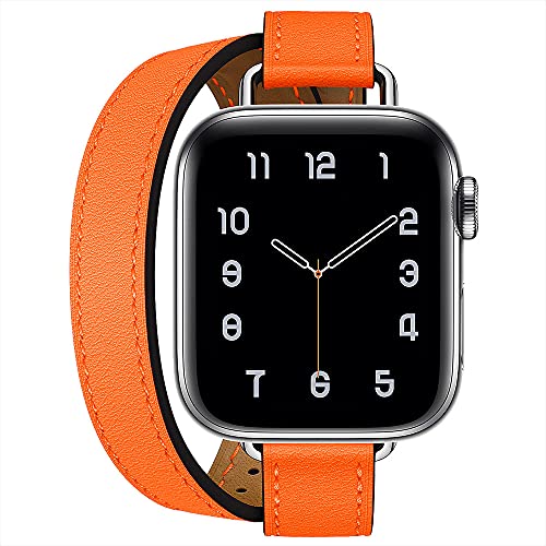 Aergood Kompatibel mit Apple Watch Band 38/40/41mm 42/44/45mm,Echtes Leder Damen Double Tour Slim Armband für iWatch SE Serie 7/6/5/4/3 (42/44/45mm, Orange) von Aergood
