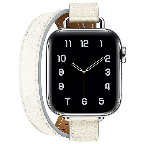 Kompatibel mit Apple Watch Armband 49mm 46mm 45mm 44mm 42mm(Serie 3),Echtes Leder Damen Double Tour Slim Armband für iWatch Ultra 2 Serie 10/9/8/7/6/5/4/3/SE(42/44/45/46/49mm,Weiß) von Fsavlroy