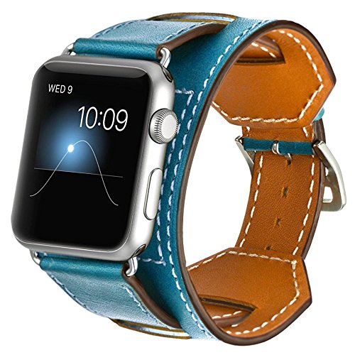 Aergood kompatibel mit Apple Watch Armband 41mm 40mm 38mm,Cuff Lederarmband Ersatzband für Damen Herren,Vintage Leder Armbänder für iWatch 7/6/SE/5/4/3/2/1(38/40/41mm,Blau) von Aergood