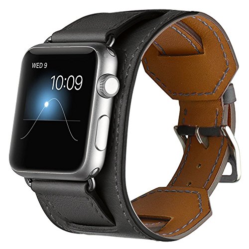 Aergood kompatibel mit Apple Watch Armband 45mm 44mm 42mm,Cuff Lederarmband Ersatzband für Damen Herren,Vintage Leder Armbänder für iWatch 7/6/SE/5/4/3/2/1(42/44/45mm,Schwarz) von Aergood