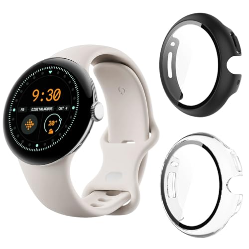 Aerku Hard Hülle Mit Displayschutz Kompatibel mit Google Pixel Watch 3 41mm/Google Pixel Watch 2/Google Pixel Watch, [ 2 Stück ] Vollschutz Kratzfest PC Schutzhülle Schutz Case, Schwarz&Transparent von Aerku