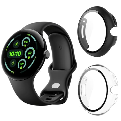 Aerku Hard Hülle Mit Displayschutz Kompatibel mit Google Pixel Watch 3 45mm, [ 2 Stück ] Vollschutz Kratzfest PC Schutzhülle Schutz Case, Schwarz&Transparent von Aerku