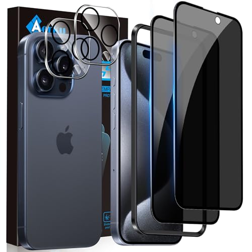 Aerku Sichtschutz Full Screen Schutzfolie für iPhone 15 Pro für Panzerglas mit Kameraschutz, 2 PCS Anti-Spy Panzer Schutz Glas Folie und 2 PCS HD Kamera Panzerfolie, 9H Kratzfest Privacy Schutzglas von Aerku