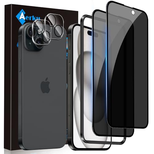 Aerku Sichtschutz Full Screen Schutzfolie für iPhone 15 für Panzerglas mit Kameraschutz, 2 Stück Anti-Spy Panzer Schutz Glas Folie und 2 Stück HD Kamera Schutzfolie, 9H Kratzfest Privacy Schutzglas Aerku Sichtschutz Full Screen Schutzfolie für iPhone 15 für Panzerglas mit Kameraschutz, 2 Stück Anti-Spy Panzer Schutz Glas Folie und 2 Stück HD Kamera Schutzfolie, 9H Kratzfest Privacy Schutzglas von Aerku
