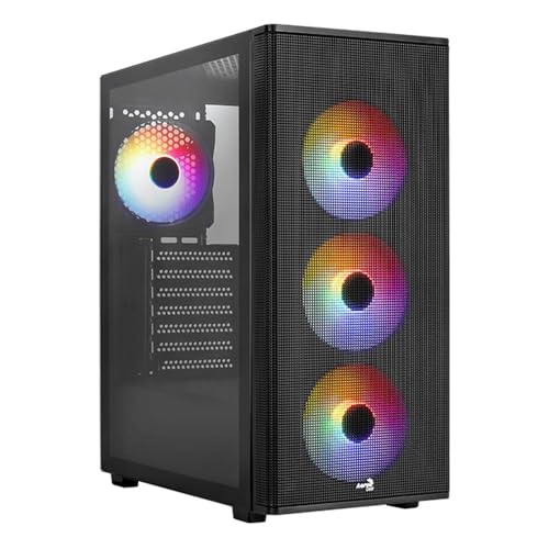 AeroCool Designer Mid-Tower Case, Gaming PC Gehäuse, Modern Design, inkl. 4 RGB-Lüfter, kompatibel mit ATX Micro-ATX und Mini-ITX Motherboards, Seitenpanel aus kristallklarem Temperglas, Schwarz von AeroCool
