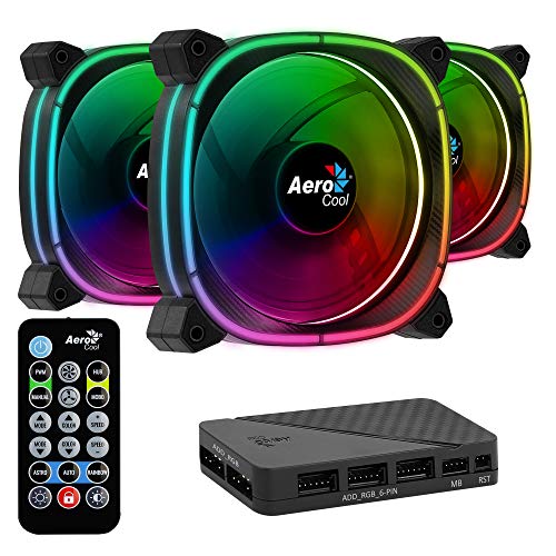 Aerocool Astro 12 Pro Bundle – 3x ARGB Fans 120mm, 1x H66F RGB Hub, Omni ARGB Lighting and 18 LEDs, Includes 6-Pin Connector, Remote control, Curved Blades and Anti-Vibration Pads, Carbon Fibre, Black von AeroCool
