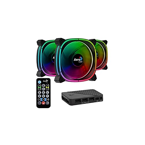 Aerocool Astro 12 Pro Bundle – 3x ARGB Fans 120mm, 1x H66F RGB Hub, Omni ARGB Lighting and 18 LEDs, Includes 6-Pin Connector, Remote control, Curved Blades and Anti-Vibration Pads, Carbon Fibre, Black von AeroCool