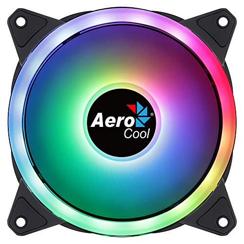 Aerocool Duo 12 PC fan – 120mm Fan with Double Ring RGB LED Lighting and 28 LEDs, Includes a 6-Pin Connector, Curved Blades and Anti-Vibration Pads, ARGB hub Compatible, 1000 RPM, Single Fan, Black von AeroCool