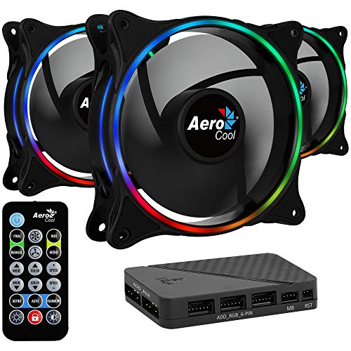 Aerocool Eclipse 12 Pro Bundle – 3 x ARGB fans 120mm, 1 x H66F HUB, Remote Control, RGB LED Dual Slim Ring Lighting, Includes 6-pin connector, Curved blades and Anti-Vibration Pads, PC Fan, Black von AeroCool