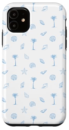 Hülle für iPhone 11 Sommerpalmen und Muscheln in hellblauer Ästhetik von Aesthetic Pattern Co