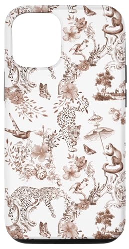 Hülle für iPhone 15 Pro French Brown Toile Chinoiserie mit Blumen, Leoparden von Aesthetic Pattern Co