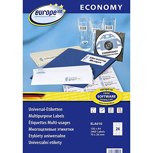 Europe100 Art. ELA010 Adressaufkleber (2.400 Klebeetiketten, 70x36mm auf A4, Papier matt, individuell bedruckbar, selbstklebende Adressetiketten, kompatibel zu AVERY 3475) 100 Blatt, weiß von AVERY Zweckform