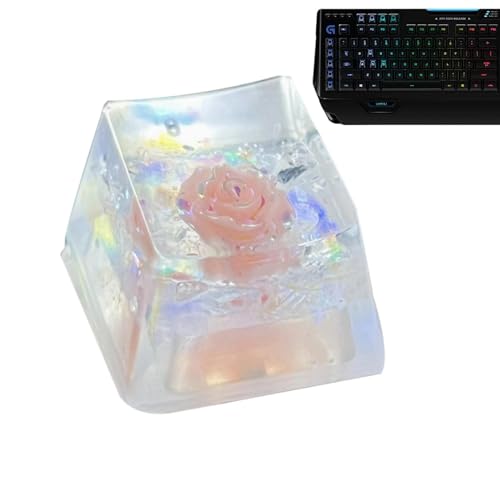 Aeutwekm Tastatur-Tastenkappen aus Kunstharz, Backspace, Trockenblumen-Tastatur-Tastenkappe, Resin Camellia Rose Sa Profil Schlüsselkappe, DIY-Ersatz, glänzt durch die durchscheinende R4-Tastenkappe, von Aeutwekm