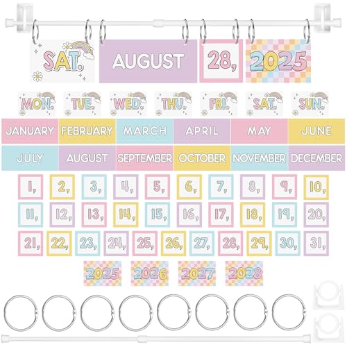 Affrolling Pastell Flip Kalender Pinnwand Set mit Halter, 54 Datumskarten für Lehrer, Klassenzimmer, Flip-Kalender mit verstellbarem Halter und O-Ringen für Klassenzimmer, Zuhause, Schulanfang, Dekor von Affrolling