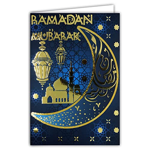 68-9002 Afie Karte Ramadan Mubarak in Gold glänzend Muslim Monate Saint Fastenmonat Laylat al-Qadr Eid El-Fitr Islamische Party Halbmond Säulen Moschee Laterne Umschlag weiß Format 17,5 x 12 cm von Afie