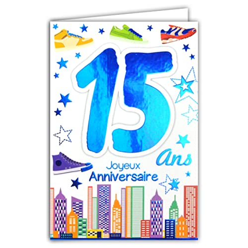69-2015 Karte „Joyeux Anniversaire“, 15 Jahre, für Jungen und Mädchen, Sneaker, Sterne 69-2015 Karte „Joyeux Anniversaire“, 15 Jahre, für Jungen und Mädchen, Sneaker, Sterne von Afie