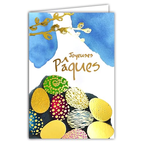 AFIE 62-1023 Karte Frohe Ostern in Gold glänzend mit Umschlag 12 x 17,5 cm – Illustration bunte Vogeleier Aquarell Party Frühling – Erstellung von Druckausgaben, hergestellt in Frankreich von Afie
