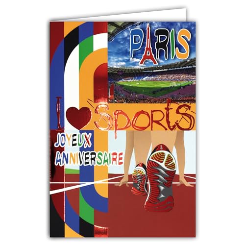 AFIE 65 – 1420 Karte Happy Birthday I Love Sports Rot glänzend mit Umschlag 12 x 17,5 cm Leichtathletik Laufen Basketball Stadion JO Olympia Paris Erstellung Druckausgabe hergestellt in Frankreich von Afie